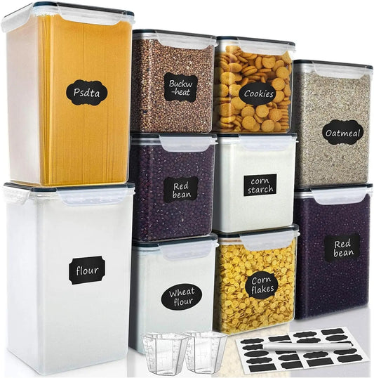 Large Airtight Food Storage Containers, 10-Pack Plastic Kitchen Pantry Organization for Flour Sugar Canisters with Labels
