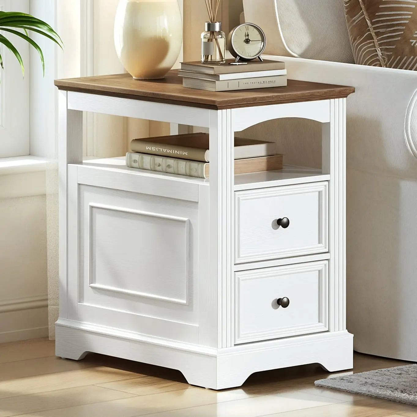 Narrow End Table with 2 Drawers – Wooden Sofa Side Table with Open Storage Shelf
