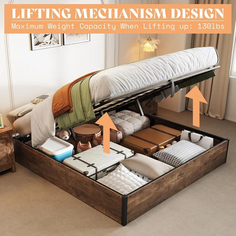 Queen Bed Frame with Lift up Storage, Wooden Platform