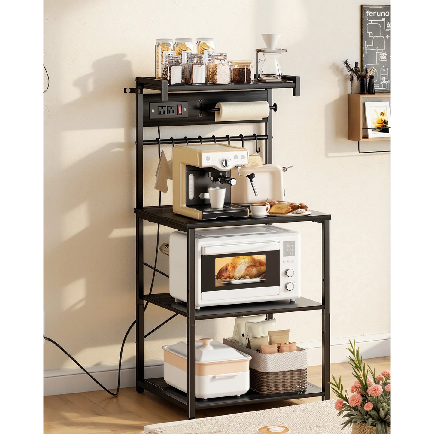 Power Bakers Rack with Support Bar – Kitchen Storage Shelf with Hooks for Dishes & Spice Bottles
