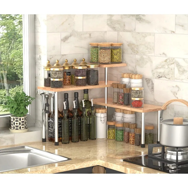3-Tier Bamboo Corner Organizer – Tiered Countertop Storage Shelf - Black