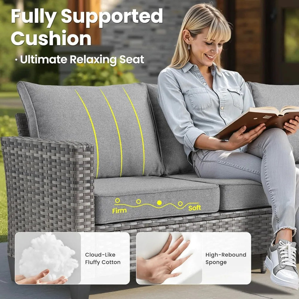 5 Piece Patio Outdoor Wicker Furniture Set - Sofa Couch With Chairs and Ottomans