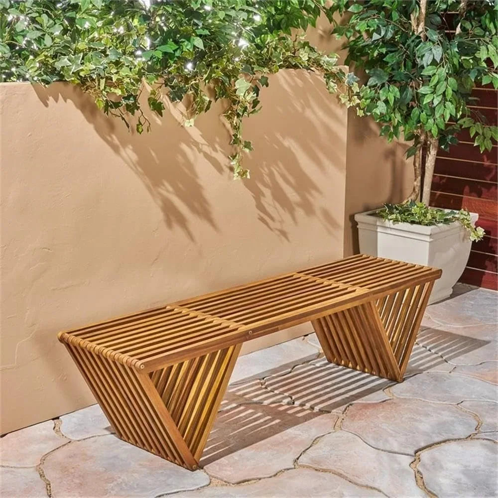 Outdoor Acacia Wood Bench, Teak Finish Brown, 17.75"D x 63"W x 16.5"H
