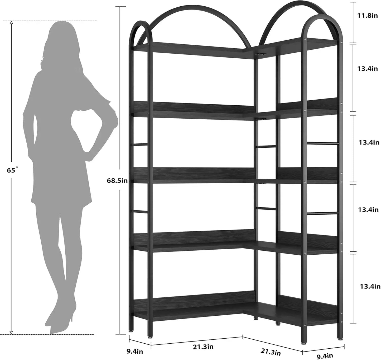 5-Tier Arched L-Shaped Corner Bookshelf | Industrial Storage & Display Rack