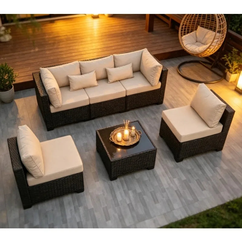 6‑Piece All‑Weather Rattan Patio Sectional – Wicker Outdoor Furniture Set with Cushions, Glass Table & Protective Cover