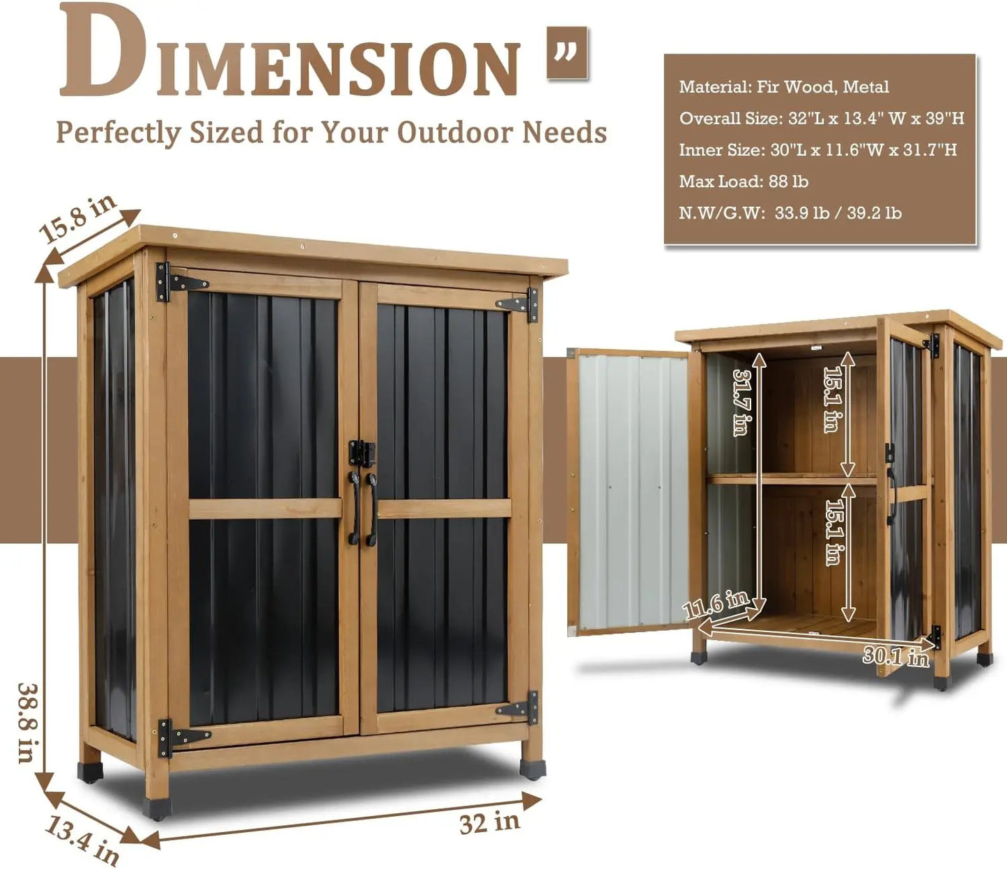 Weatherproof Outdoor Storage Cabinet with Lockable Doors, Wood & Metal
