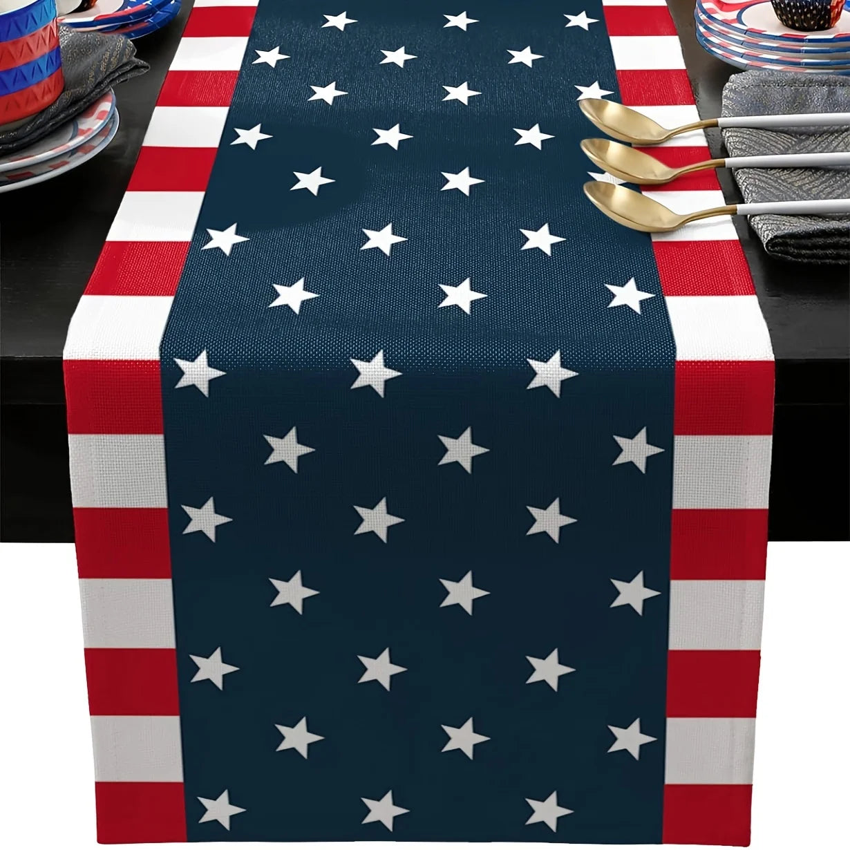 Patriotic American Flag Linen Table Runner - Stars & Stripes 4th of July Decor, Accent for Independence Day Party