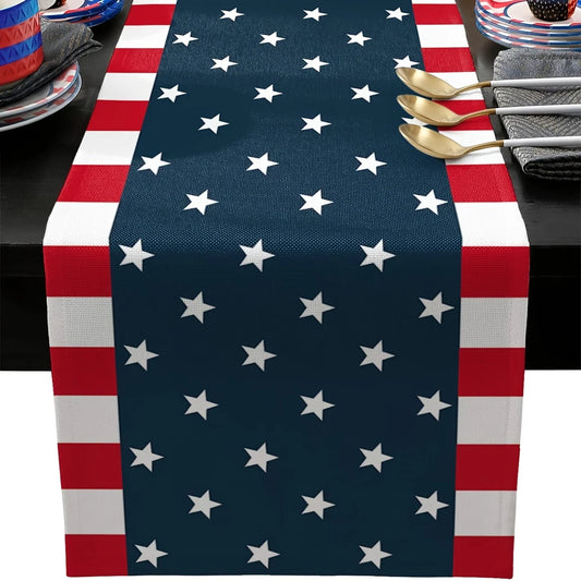 Patriotic American Flag Linen Table Runner - Stars & Stripes 4th of July Decor, Accent for Independence Day Party