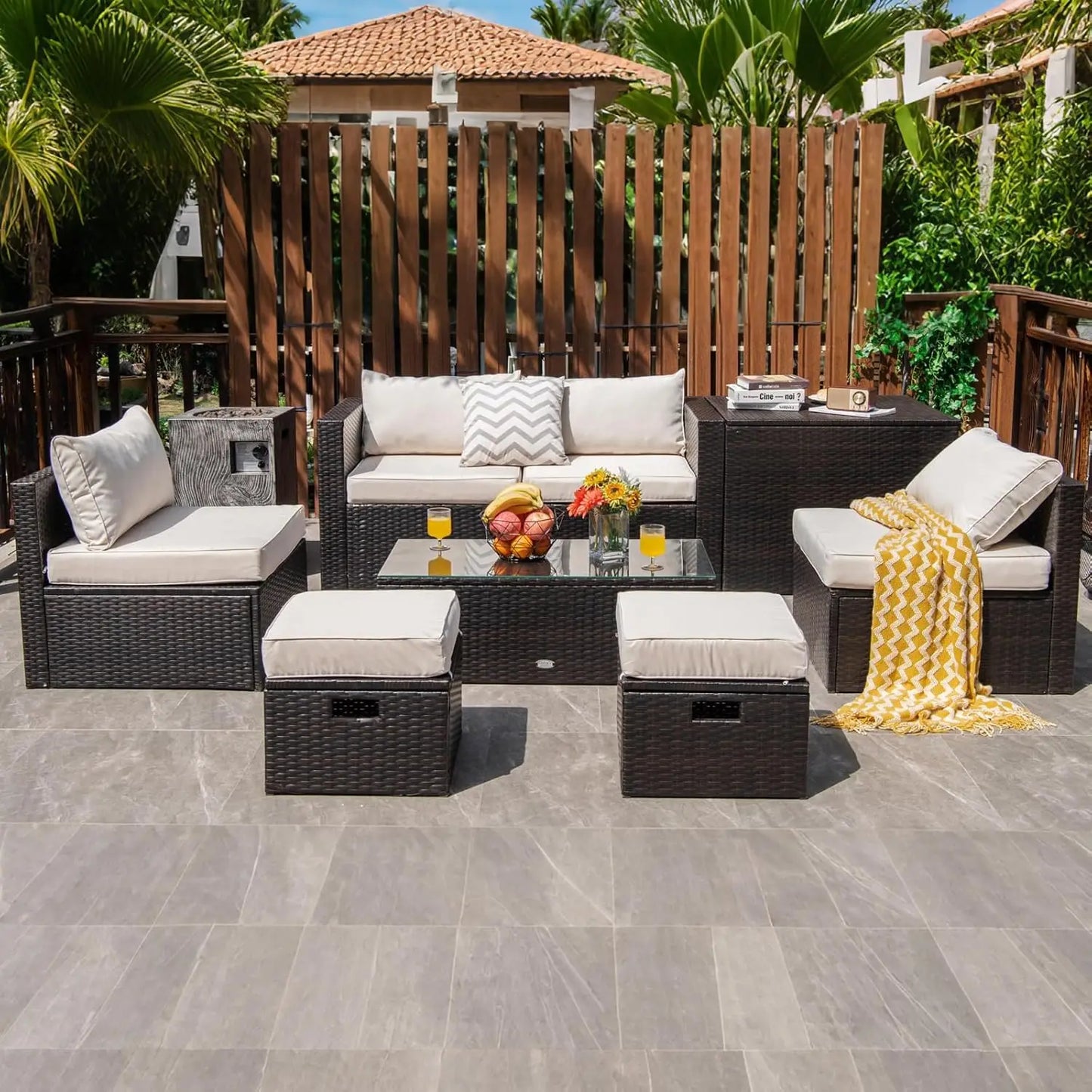 8‑Piece Rattan Outdoor Furniture Set – Sectional Sofa, Chairs, Storage Ottoman & Glass Table, Space‑Saving Design