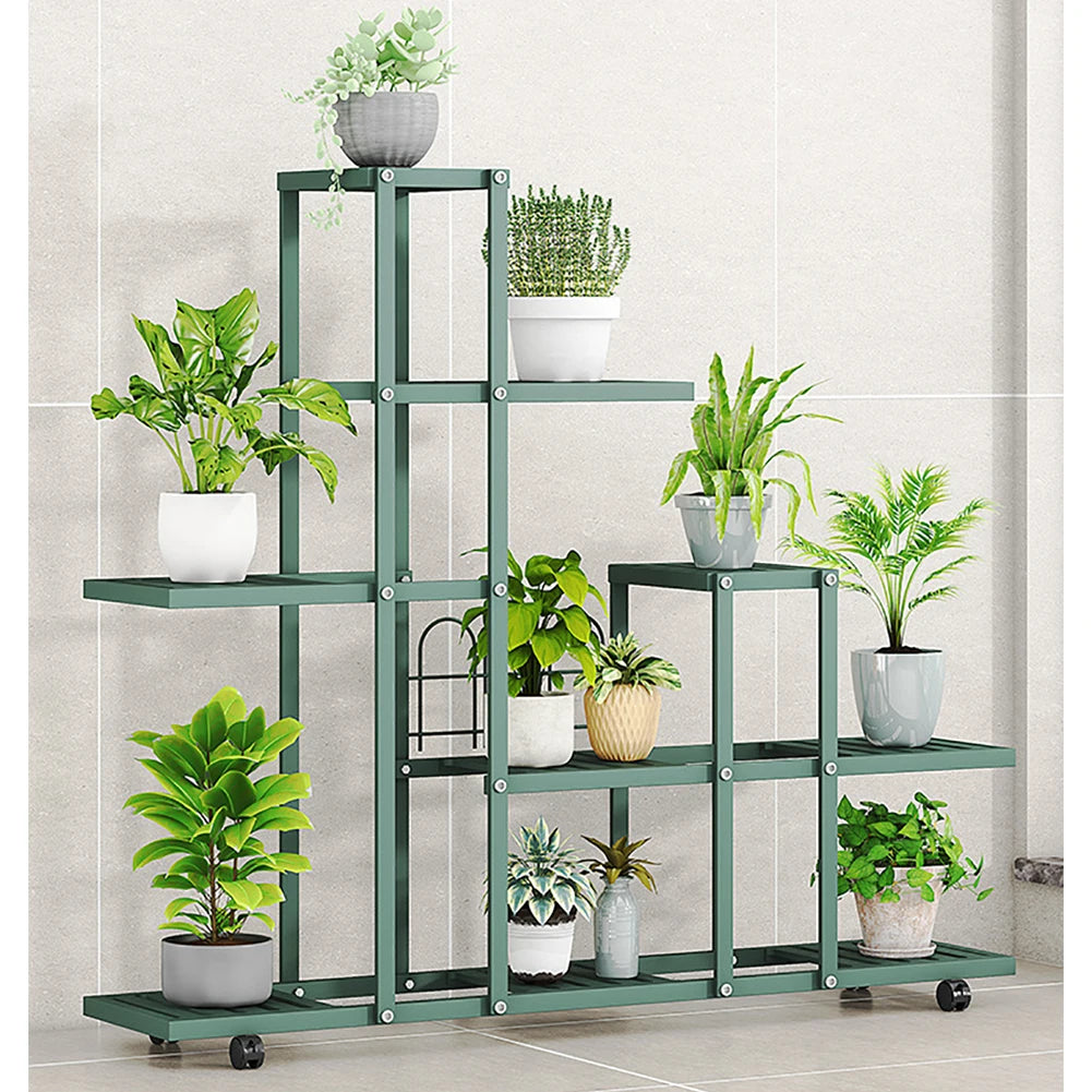 Plant Stand Indoor Outdoor, Wrought Iron Multiple Planter Rack Organizer w/Wheels Flower Display Stand for Balcony Garden
