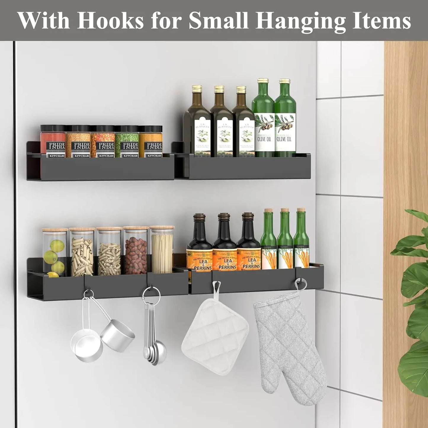 4‑Pack Magnetic Spice Rack Organizer – Black Refrigerator & Oven Storage Shelves for Kitchen Essentials