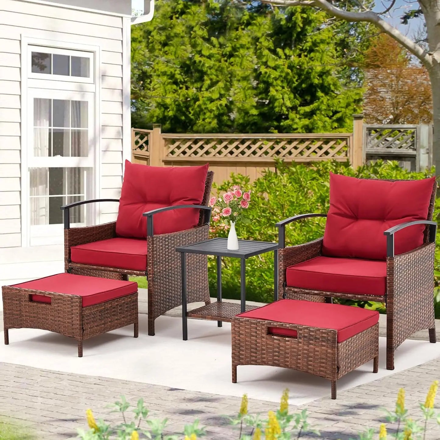 5 Pieces Patio Furniture Set, Outdoor Rattan Chairs with Metal Coffee Table, Ottomans & Soft Cushions