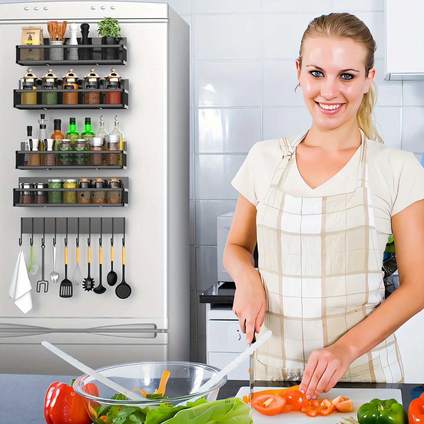 4‑Piece Metal Magnetic Organizer Set – Strong Refrigerator Spice Rack, Hooks & Paper Towel Holder