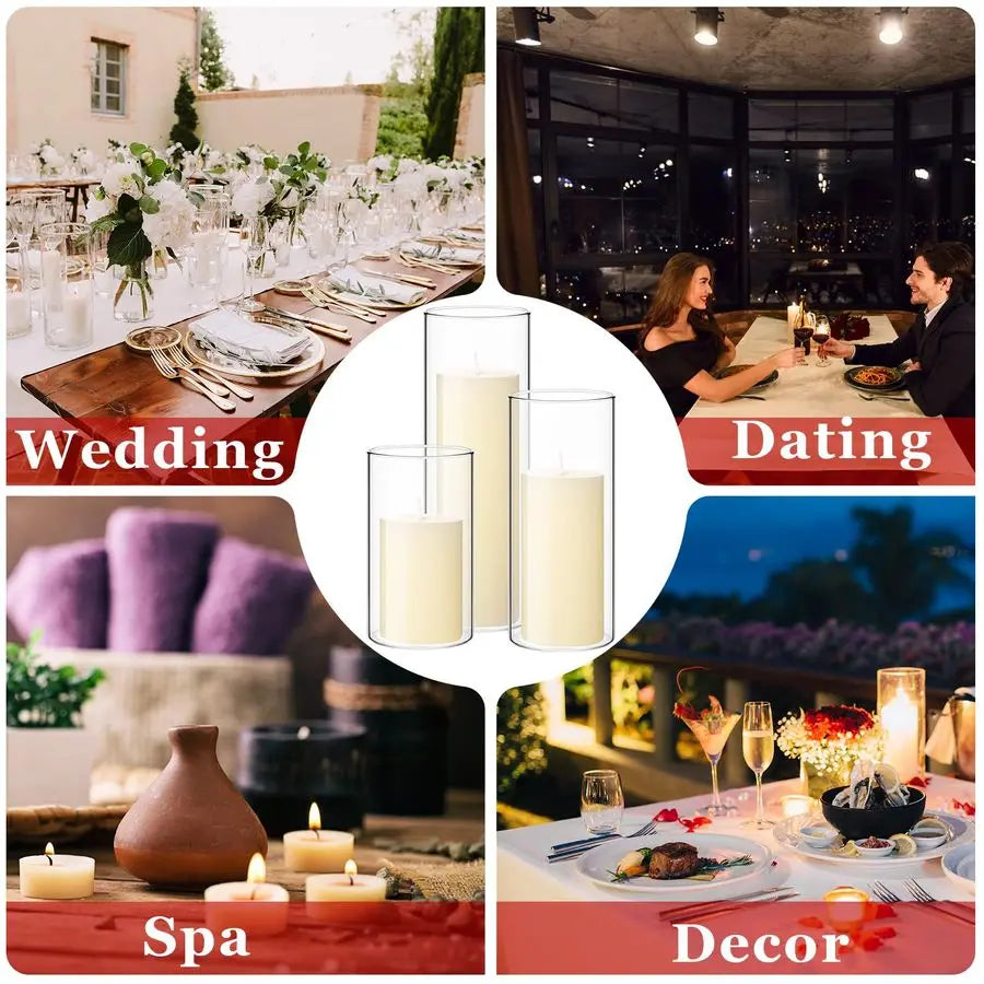 Set of 6 Pillar Candles with Glass Cylinder Vases