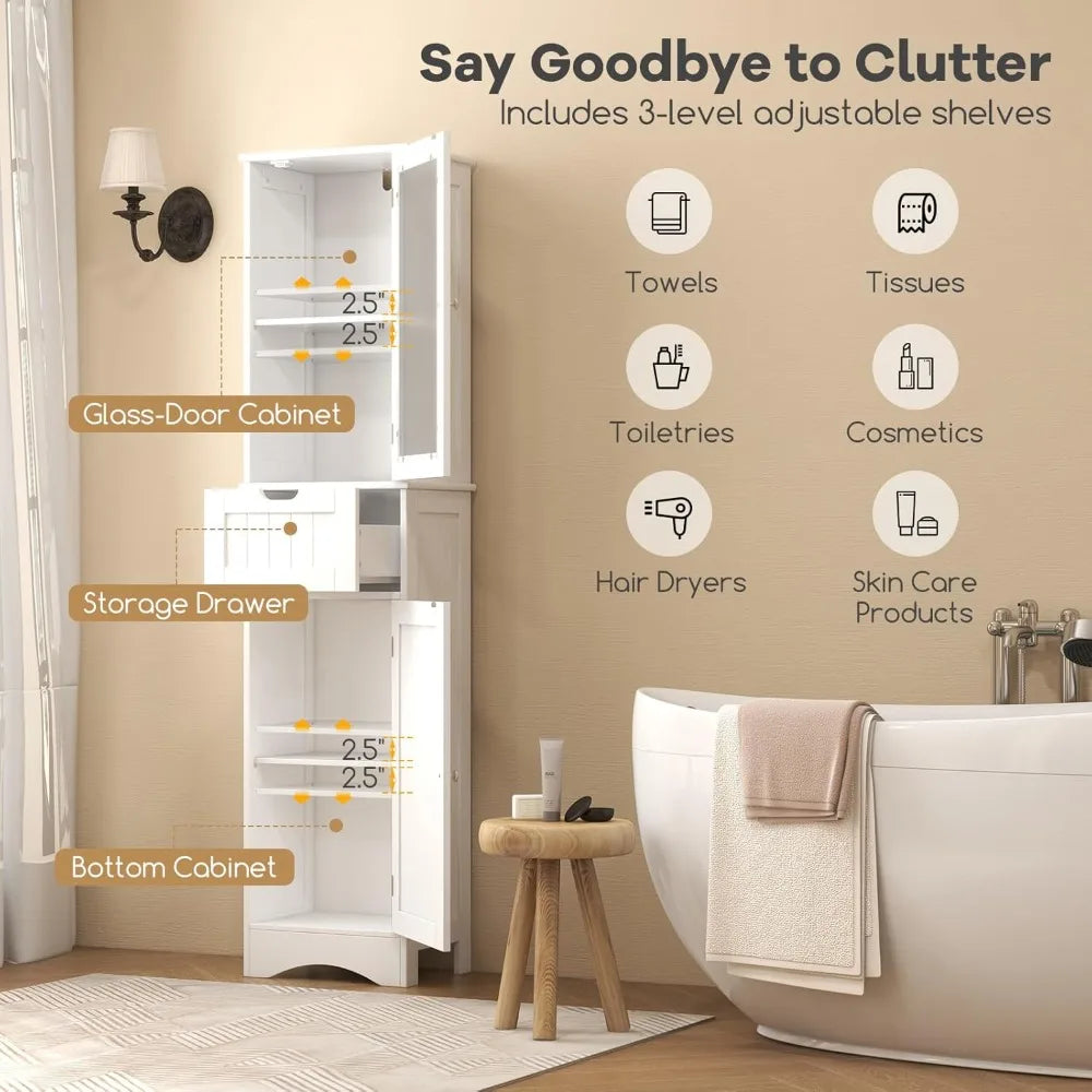 67" Tall Bathroom Storage Cabinet, Slim Freestanding W/ 2 Doors & 1 Drawer