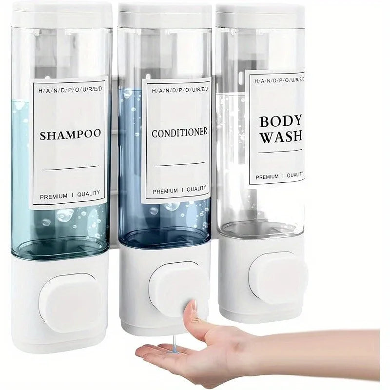 Wall-mounted 3-in-1 Soap, Shampoo and Conditioner Dispenser, No Drilling Required