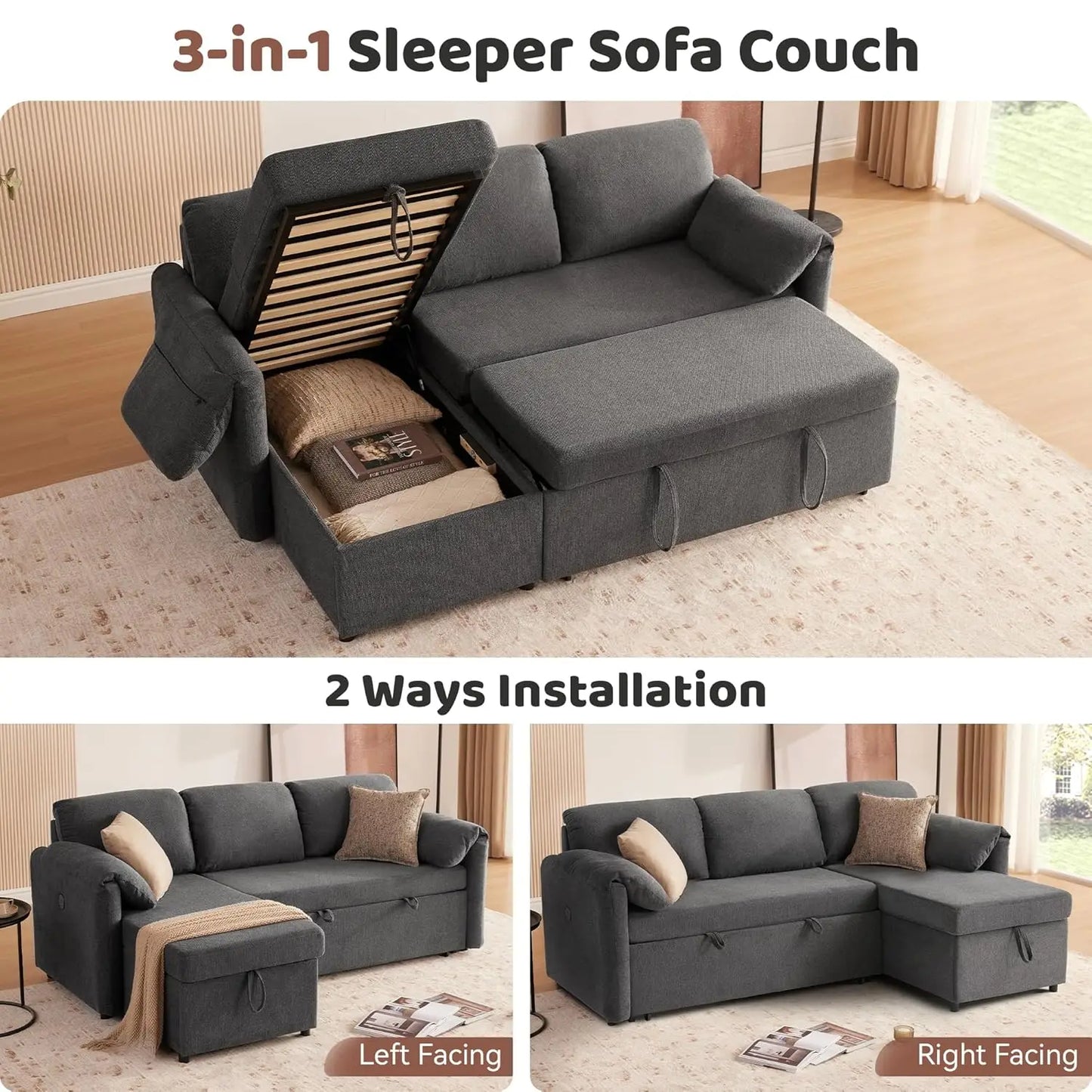 83'' Pull Out Sofa, 3 in 1 Sleeper with USB & Storage Chaise