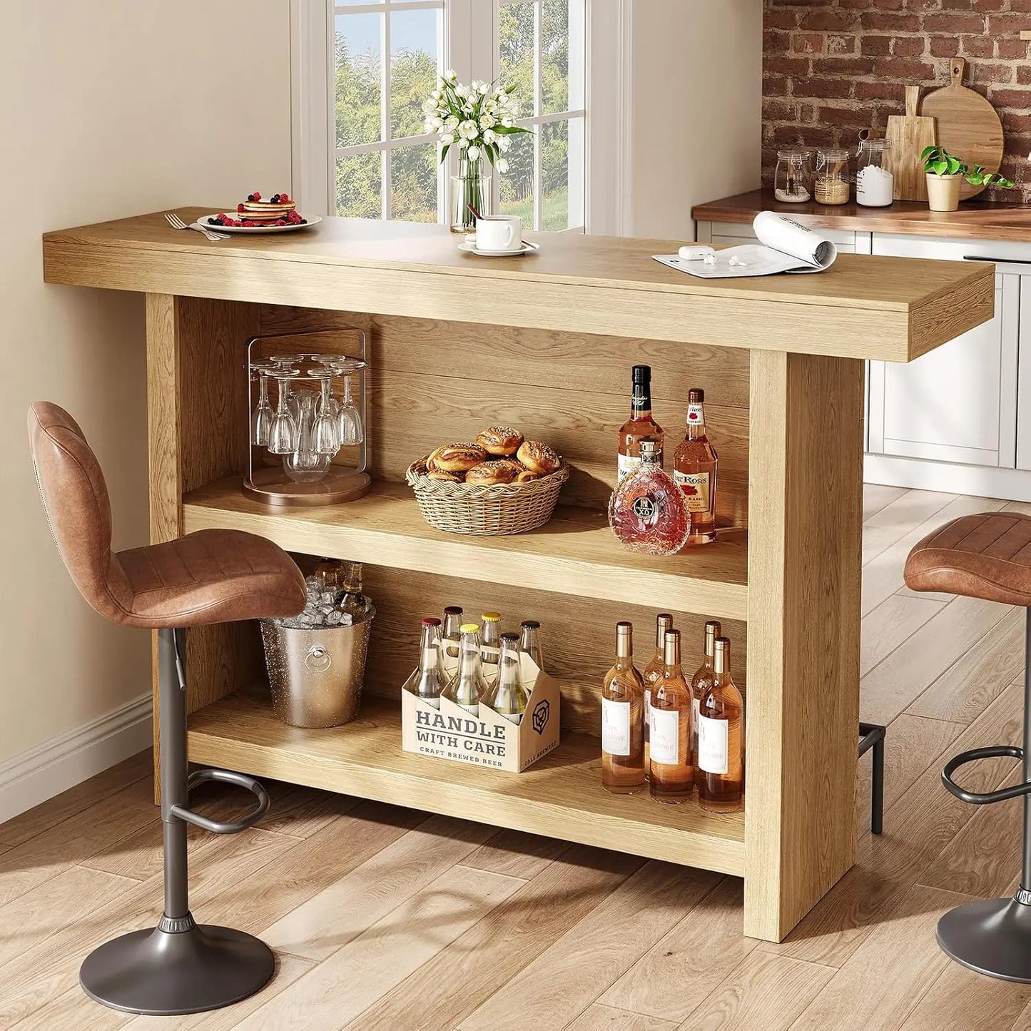 63-Inch Bar Table, 2-Tier Wooden Home Bar Unit with Black Footrest