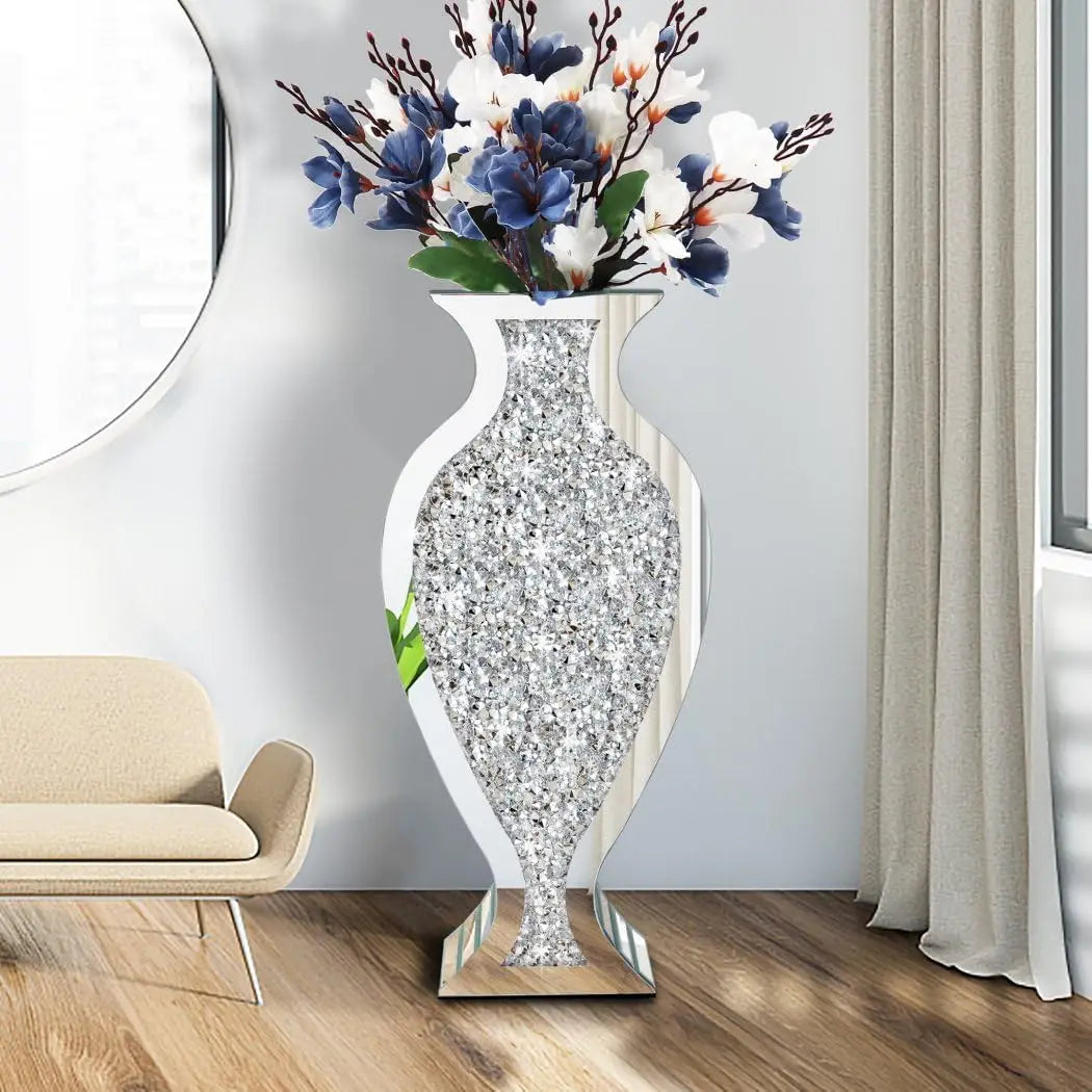 27" Crushed Diamond Mirrored Floor Vase – Tall Silver Crystal Decorative Vase for Luxury Home Décor