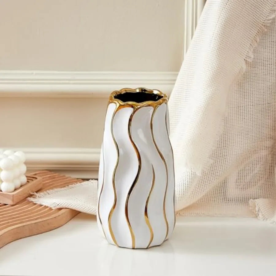 White Ceramic Vase – Vertical Stripe Decorative Flower Vase for Home, Bedroom, Office & Living Room Décor