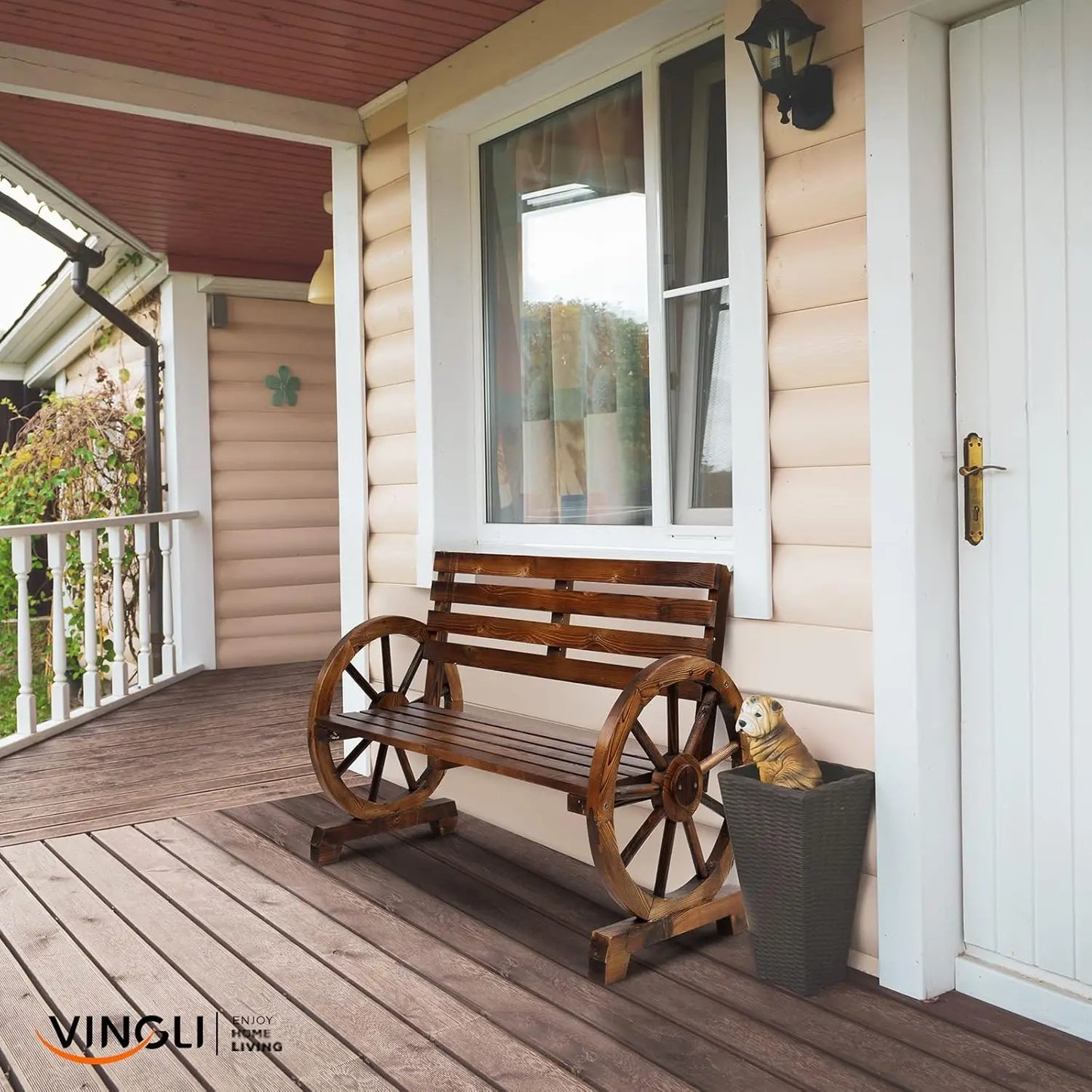 41" Rustic Wooden Outdoor Bench, 2-Person Wagon Wheel Slatted Seat Weather Resistant