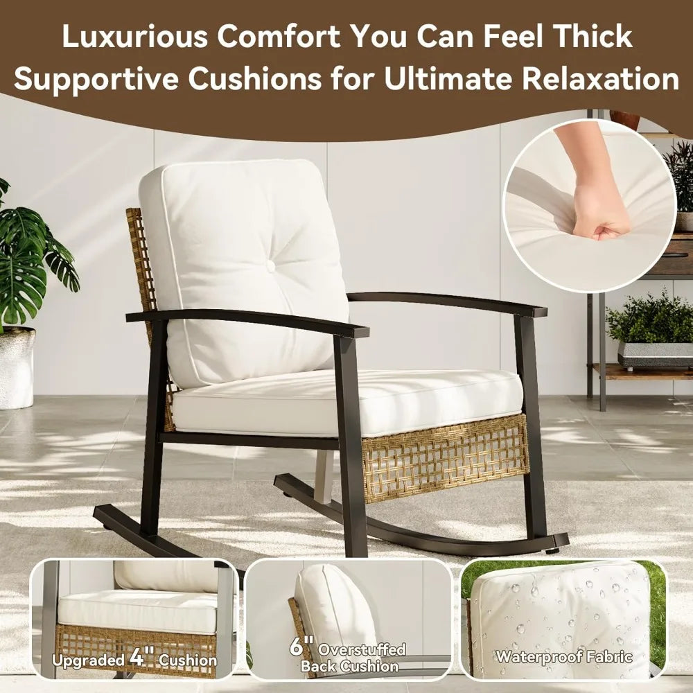 3-Piece Rattan Rocking Bistro Set: 2 Cushioned Wicker Chairs & Coffee Table