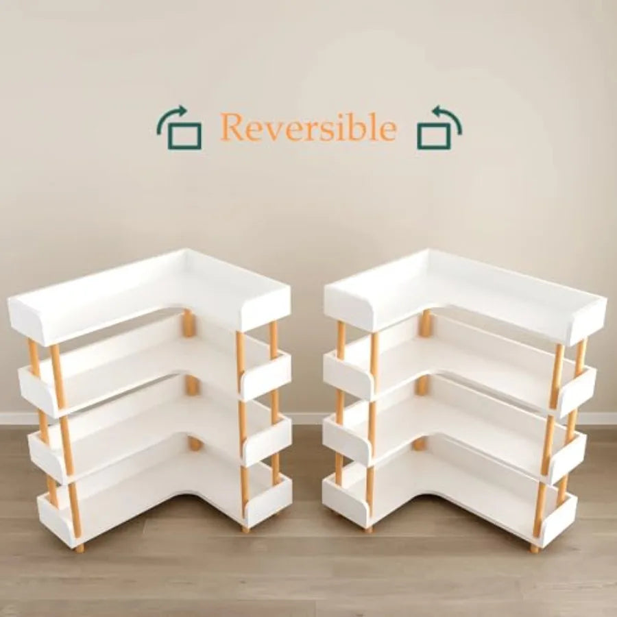 4-Tier Reversible L-Shaped Corner Bookshelf | Solid Wood Frame Display Case