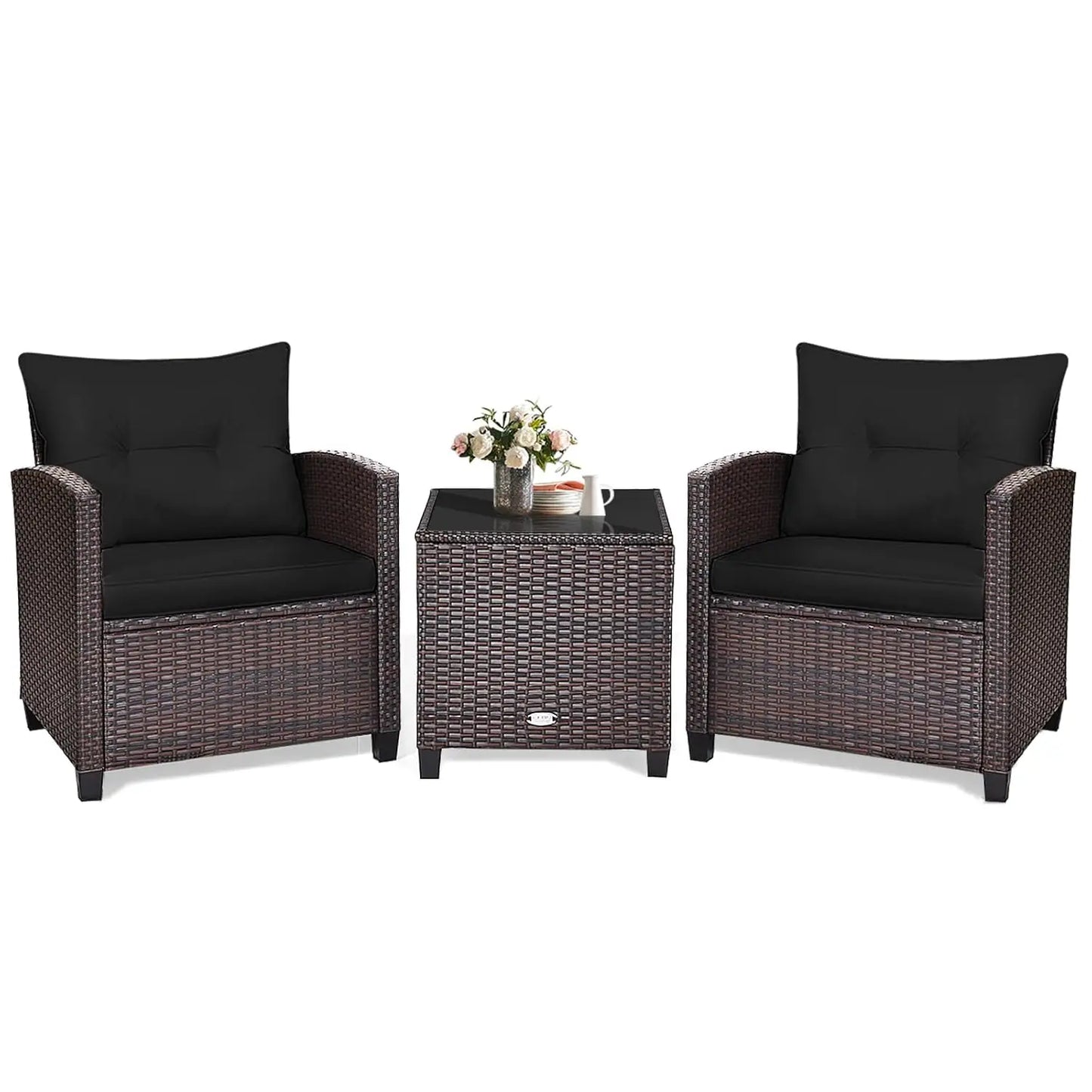 3‑Piece PE Rattan Patio Furniture Set – Outdoor Chairs with Washable Cushions & Tempered Glass Table (Multiple Colors)