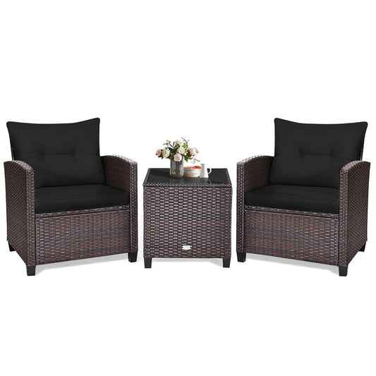 3‑Piece PE Rattan Patio Furniture Set – Outdoor Chairs with Washable Cushions & Tempered Glass Table (Multiple Colors)