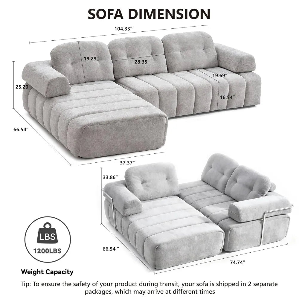 Modular Sectional Sofa with Chaise, L-Shape with Pillows and Side Pockets, 3-Seater