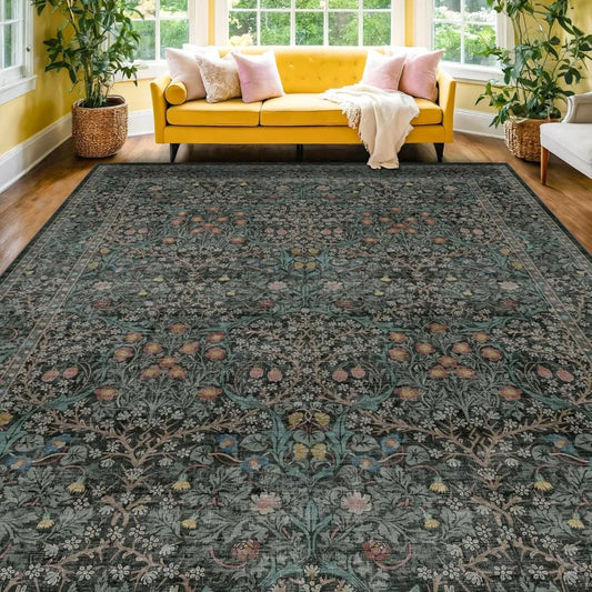 Elegant Dark Green Area Rug – 8x10 Washable Design