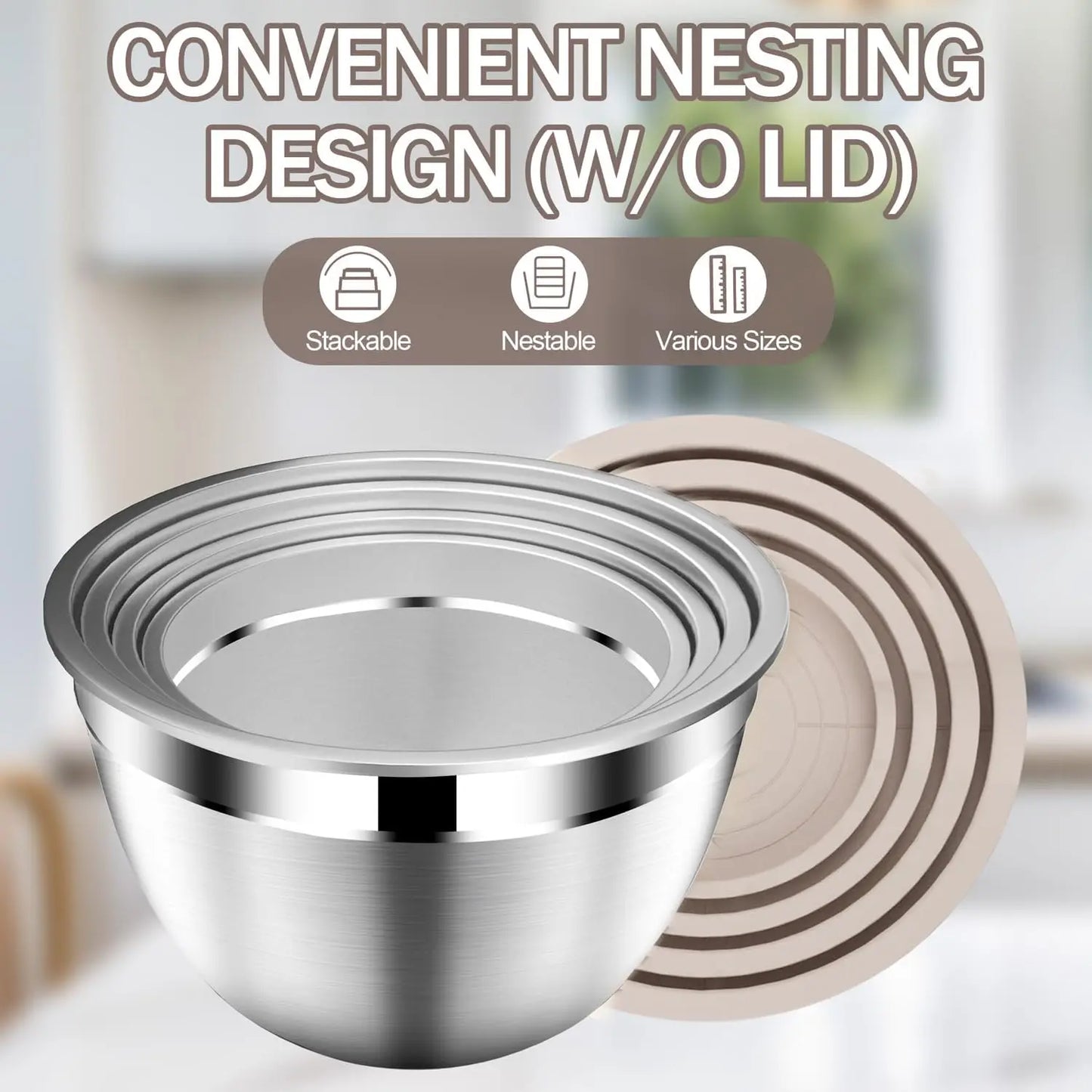 Stainless Steel Mixing Bowls with Lids – Stackable 5‑Piece Set with Strainer (Beige)
