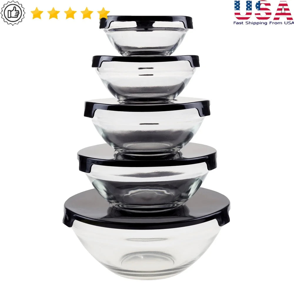 10 Piece Glass Storage Containers with Snap Lids, for Prep Food, Reusable Space Efficient Dishwasher Safe