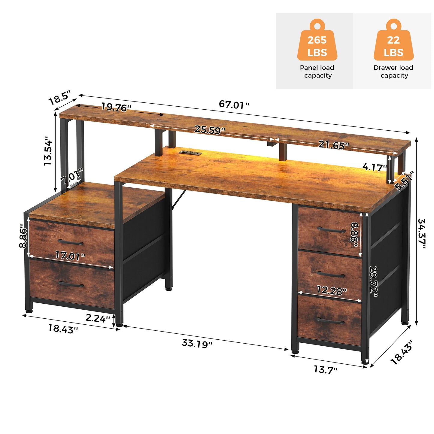 67" Gaming Computer Desk with 5 Drawers – Wood Office Desk with LED Lights & Built‑In Power Outlets