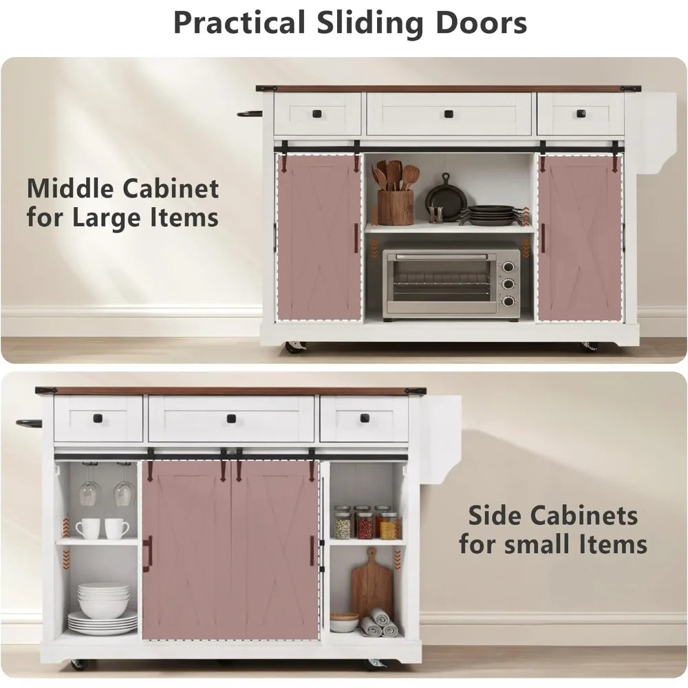 Farmhouse Kitchen Island Cart on Wheels with Drop Leaf & Power Outlet, Sliding Barn Door Storage Cabinet