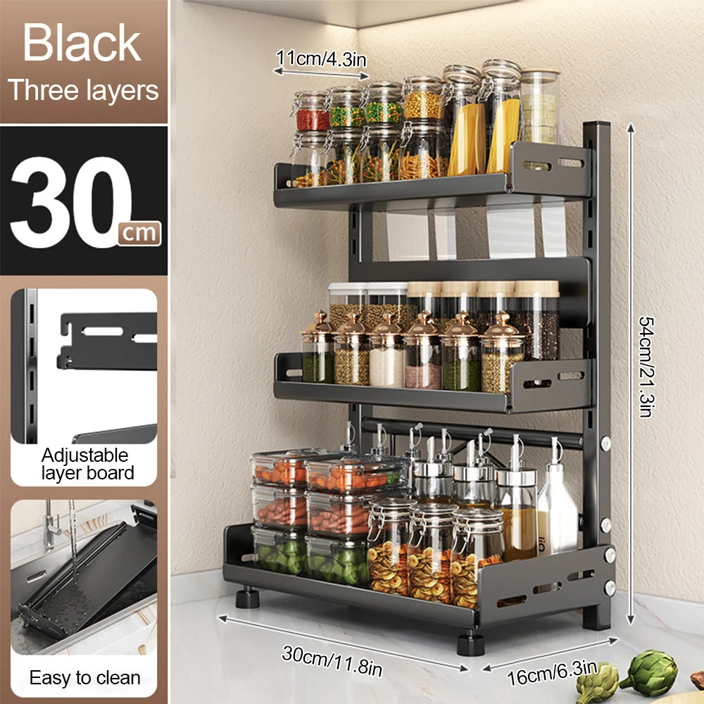 3‑Tier Spice Storage Rack – Adjustable Countertop Organizer, Metal Shelf in Black