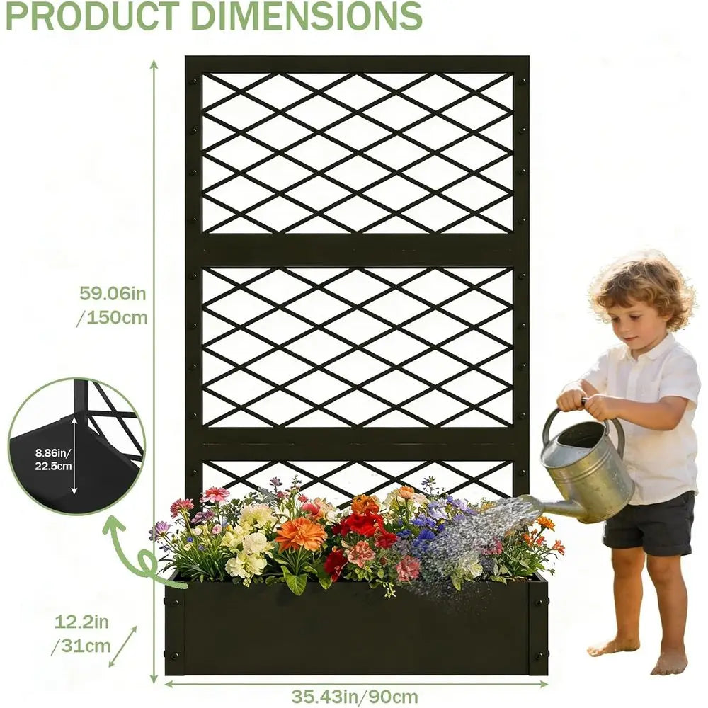 59 inch Metal Planter Planter Box with Privacy Trellis and Drainage Hole