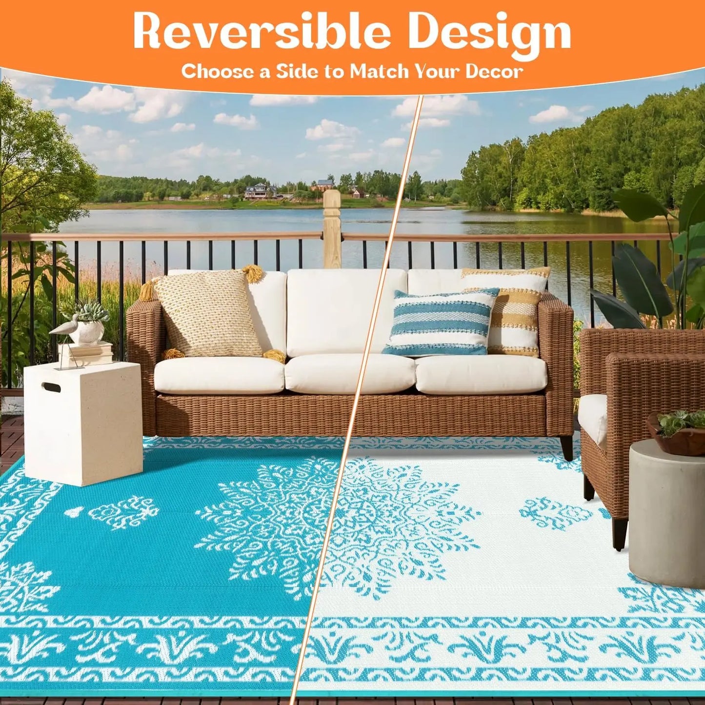 8x10 Ft Waterproof Reversible Outdoor Rug, UV Resistant
