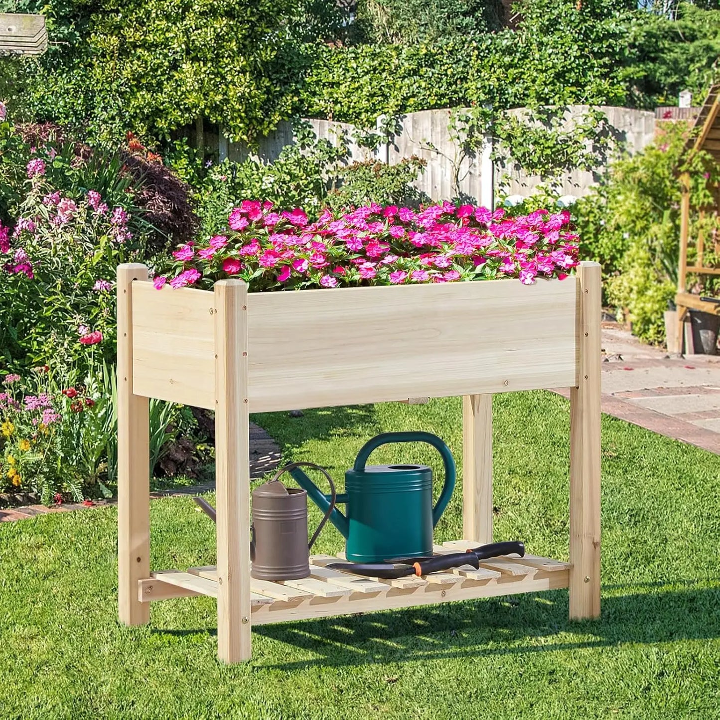 Elevated Wooden Garden Bed with Storage Shelf, 34x18x30in