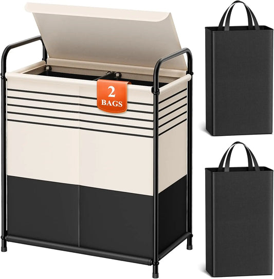 Spacious Laundry Hamper with Lid & Removable Bags, Portable Double-Section Basket for Bedroom, Bathroom, Dorm