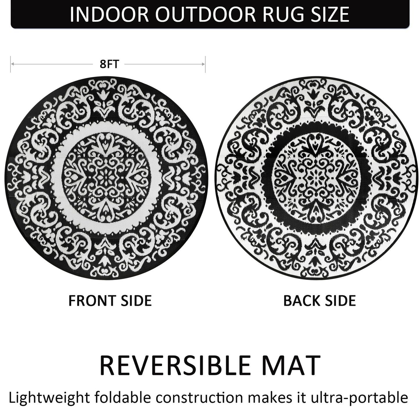 8ft Round Outdoor Patio Rug, Reversible,Lightweight