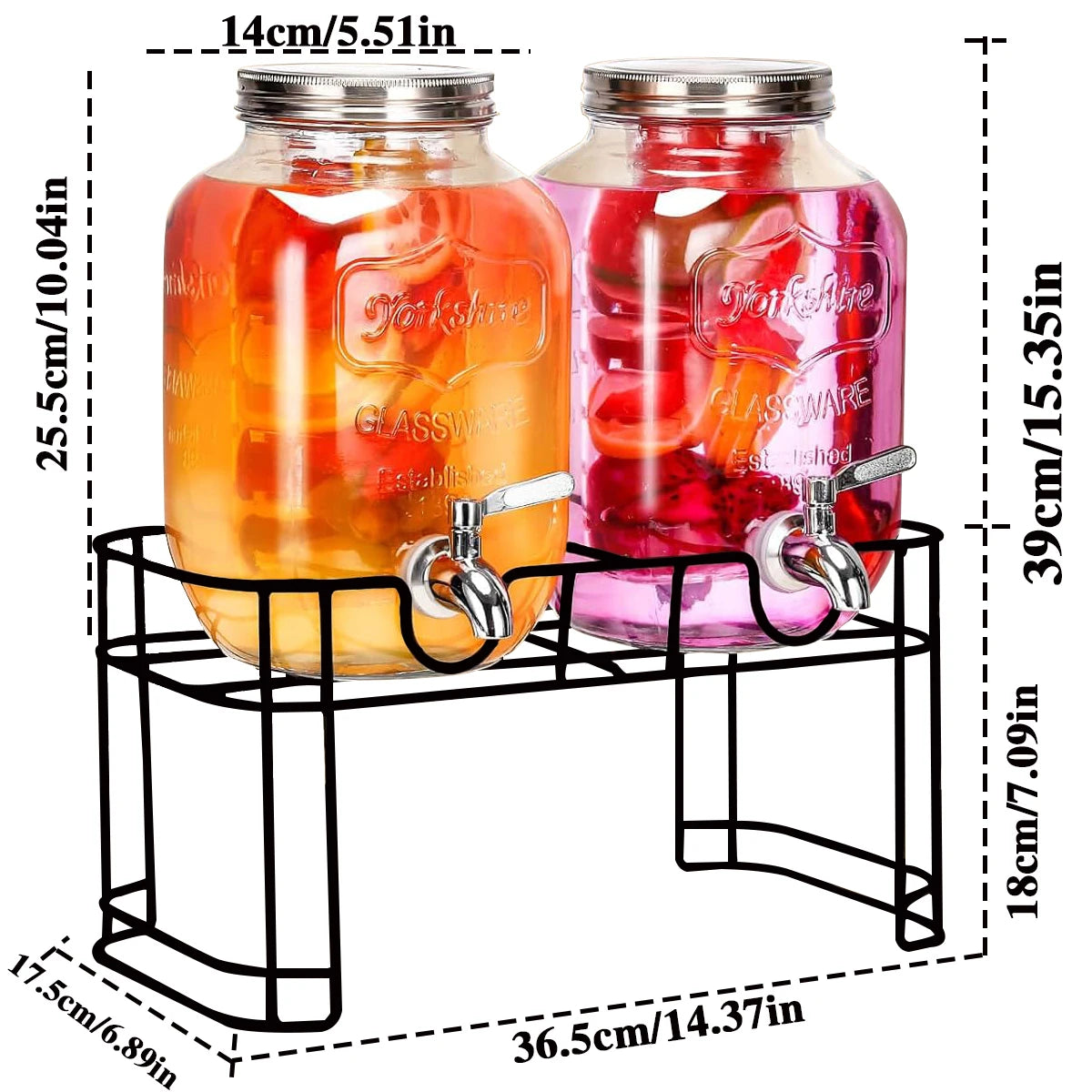 Double Glass Drink Dispenser Set – Two 1‑Gallon Jars with Metal Stand