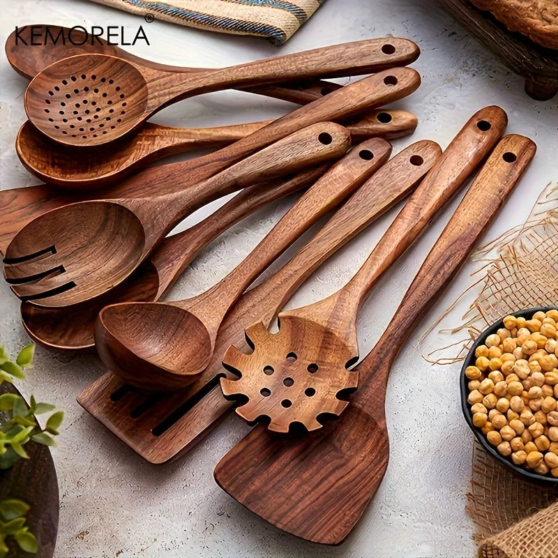 10PCS Natural Wooden Spoon Set Cooking Utensils for Salad Soup Noodles Kitchen Utensil Kit with Spoons Ladles
