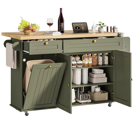 60" Kitchen Island with Power Outlet & Drop Leaf, Rolling Kitchen Island with Spice Rack, Towel Rack & Knife Slot