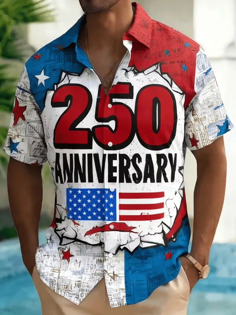 Men's 250th Anniversary US  American Flag Print Short Sleeve Button Down Shirt