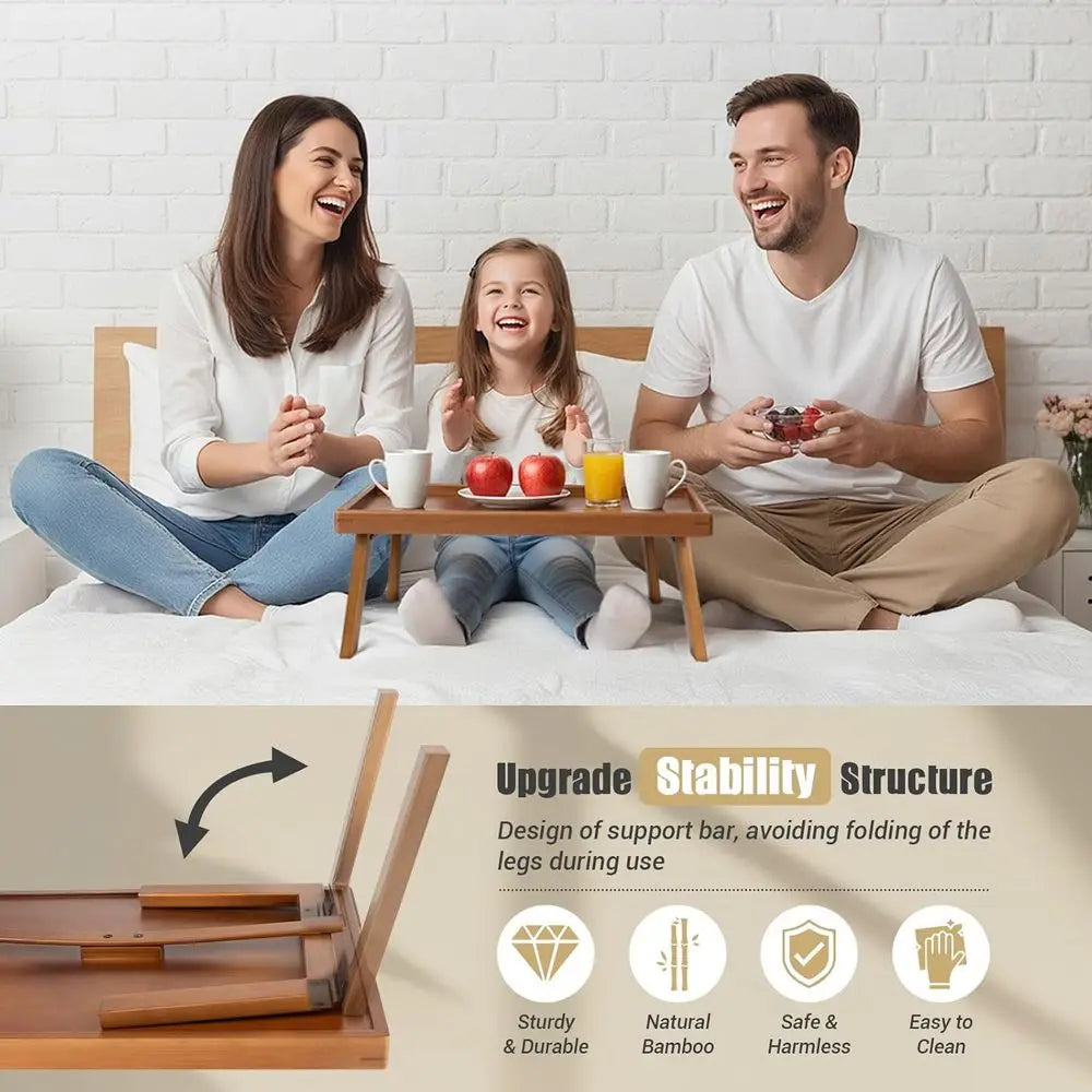 Adjustable Bamboo Breakfast Table – Folding Legs Bed/Sofa Tray for Eating, Laptop Work & TV Viewing
