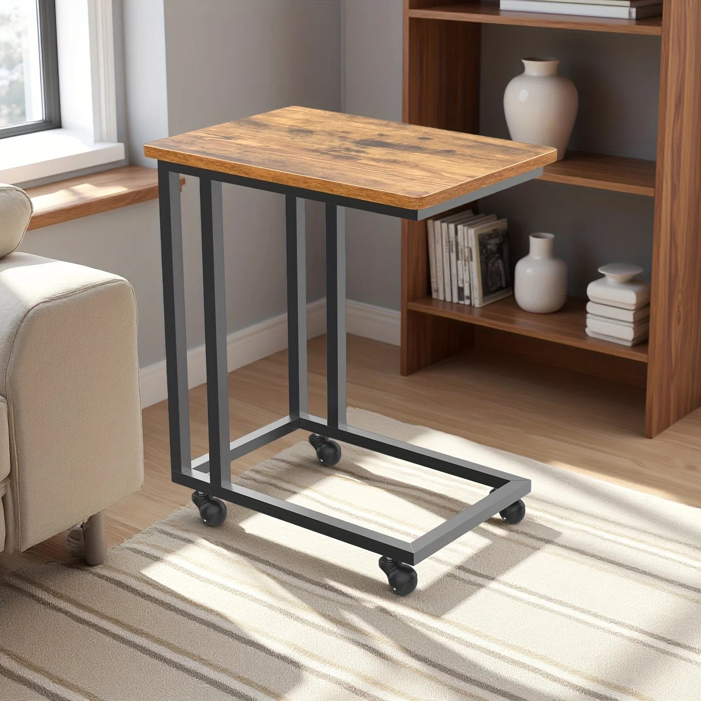 Wood Sofa Table with Wheels – Portable Overbed & Bedside Desk with Adjustable Feet and Metal Frame