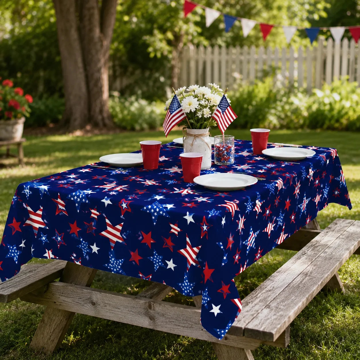 4th of July Patriotic Tablecloth – American Flag Stars Red White & Navy Blue Polyester Table Cover