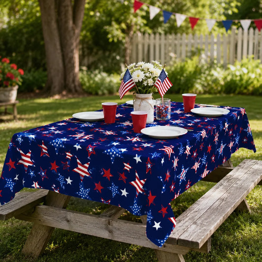 4th of July Patriotic Tablecloth – American Flag Stars Red White & Navy Blue Polyester Table Cover