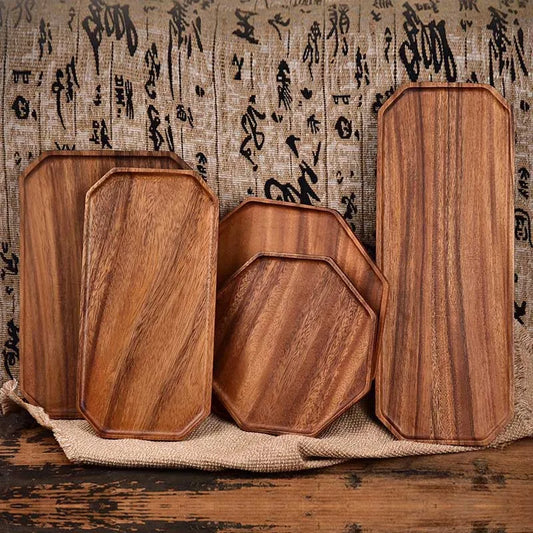 Natural Acacia Wood Serving Trays Octagonal & Rectangular Wooden Platters for Food, Coffee, Dessert, Decor, Kitchen Organizer